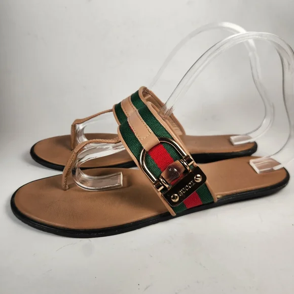 GUCCI Women's Sandal 11.5 EU 42 Red Green Thong Leather Luxury - Picture 2 of 11